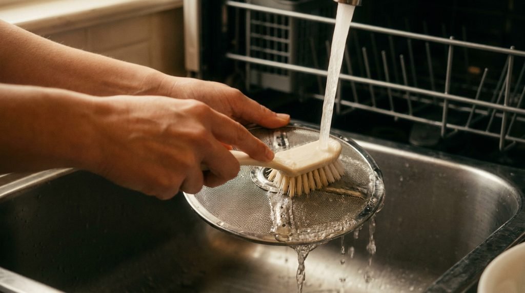 Cleaning the dishwasher filter under running water