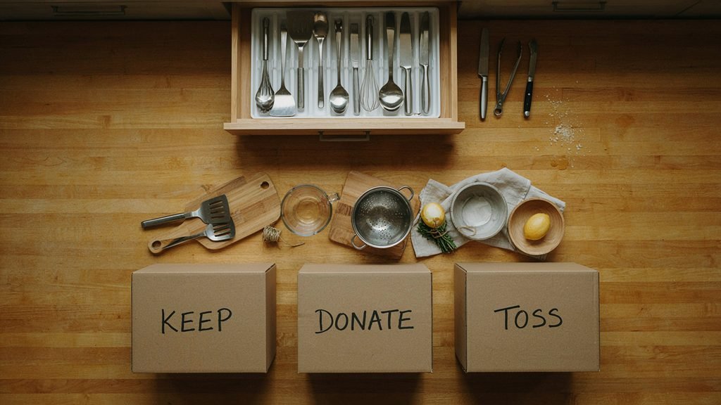 Organized kitchen drawer with utensils in a divider tray