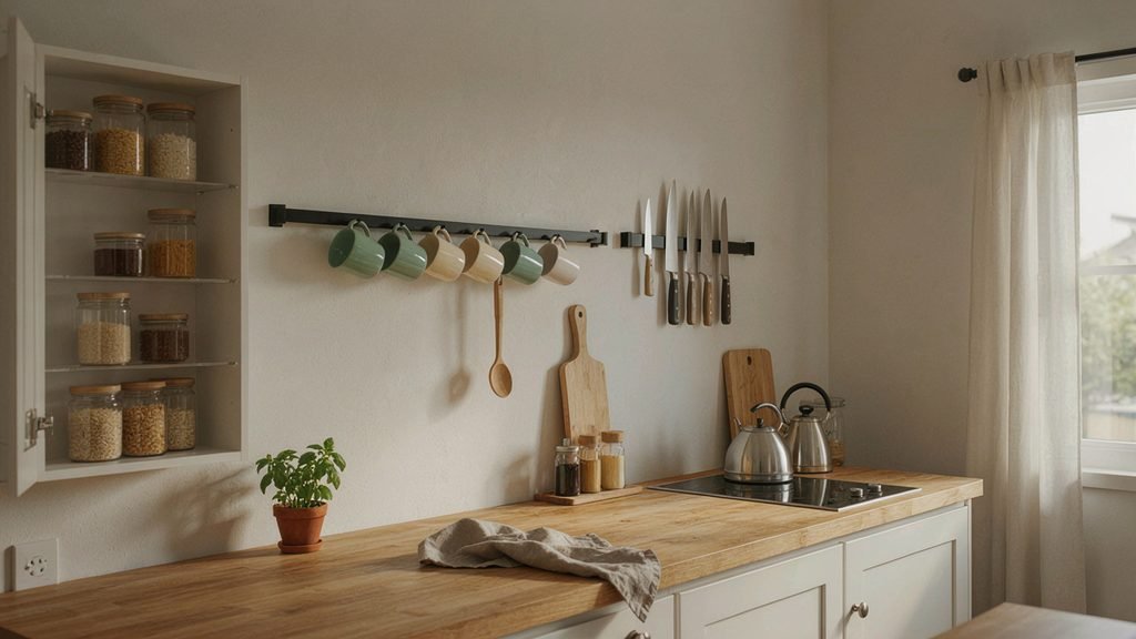 Small kitchen vertical storage with wall rail, hooks, and stackable shelves