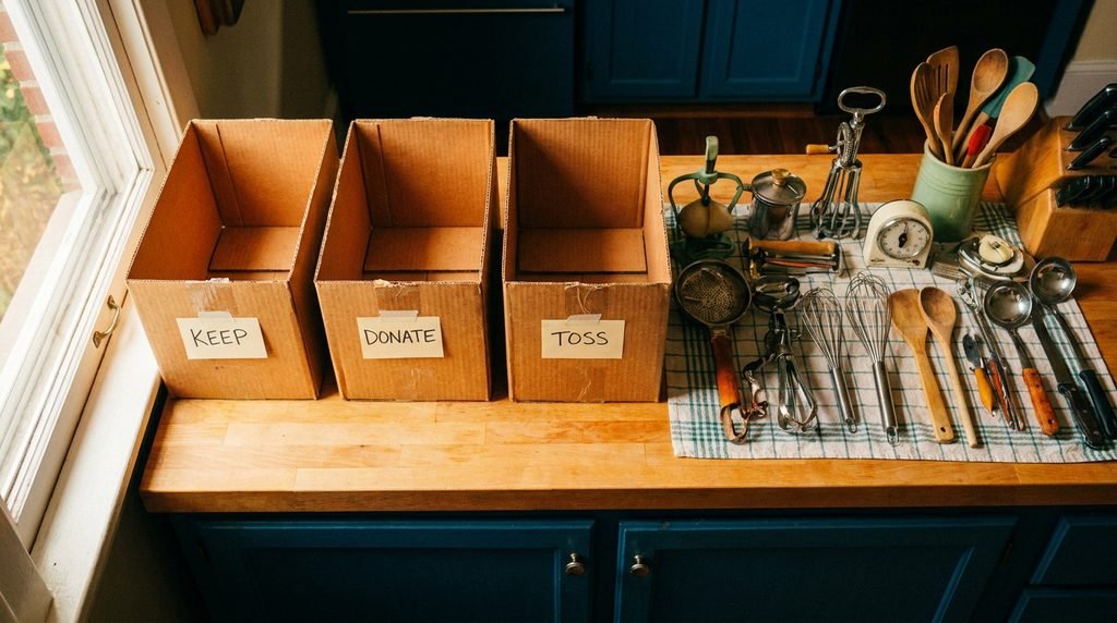 Sorting kitchen items into keep, donate, and toss boxes