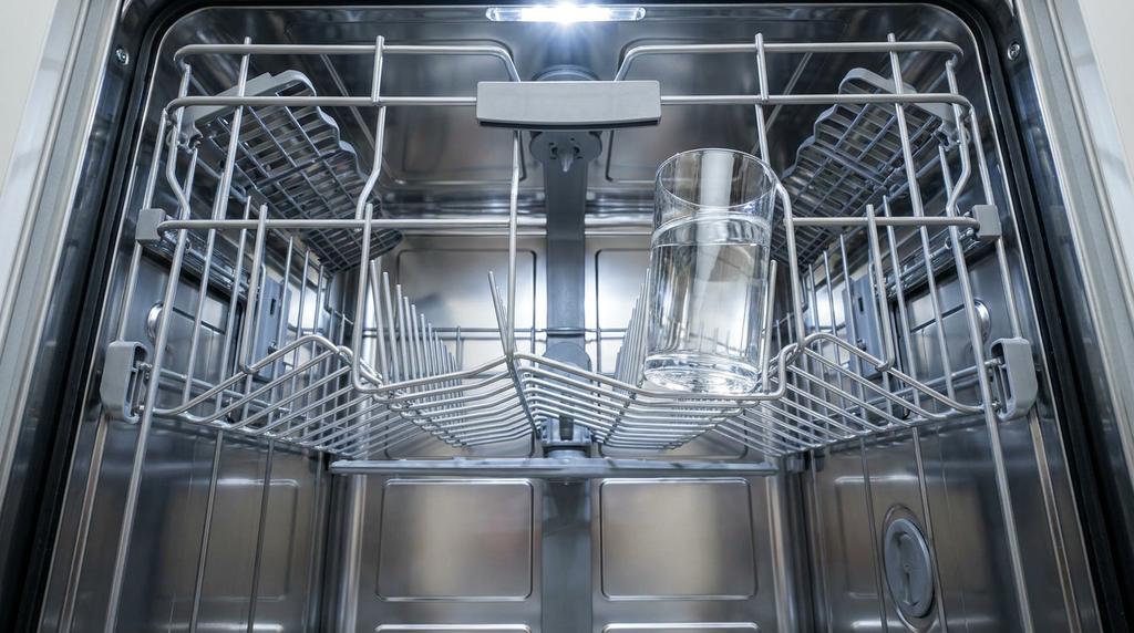 Top rack of an empty dishwasher holding an upright clear glass cup filled with white vinegar, spotless stainless steel interior, bright clean lighting, realistic photography, 16:9, no text, no watermark.
