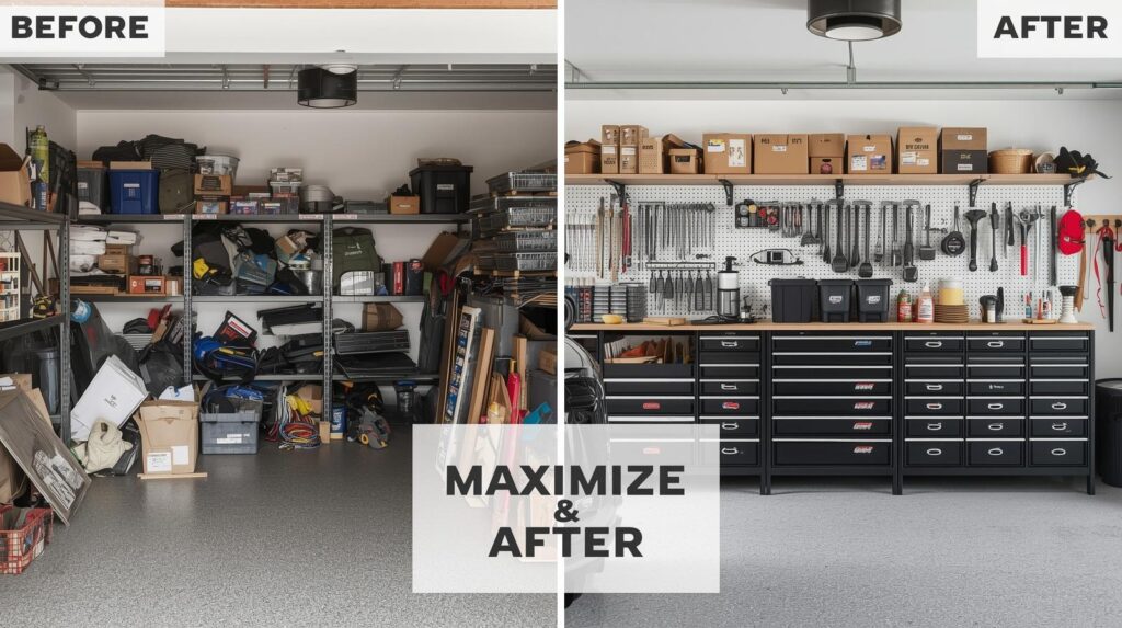 Before and after comparison related to how to organize and maximize garage storage space