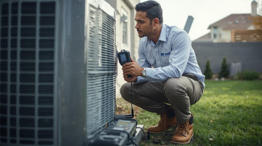 HVAC technician inspecting a residential air conditioning unit.