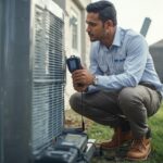 HVAC technician inspecting a residential air conditioning unit.