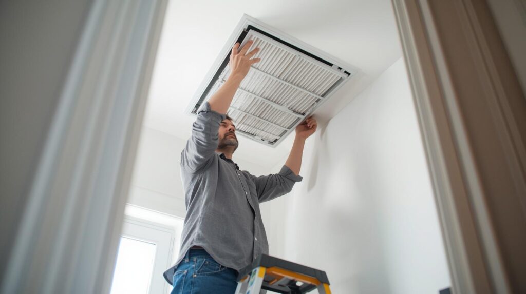 Homeowner replacing an HVAC air filter.