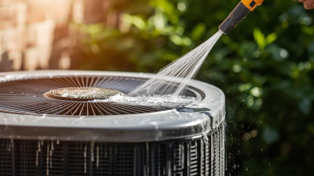 Outdoor HVAC condenser unit being cleaned.