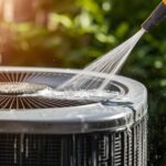 Outdoor HVAC condenser unit being cleaned. (1)