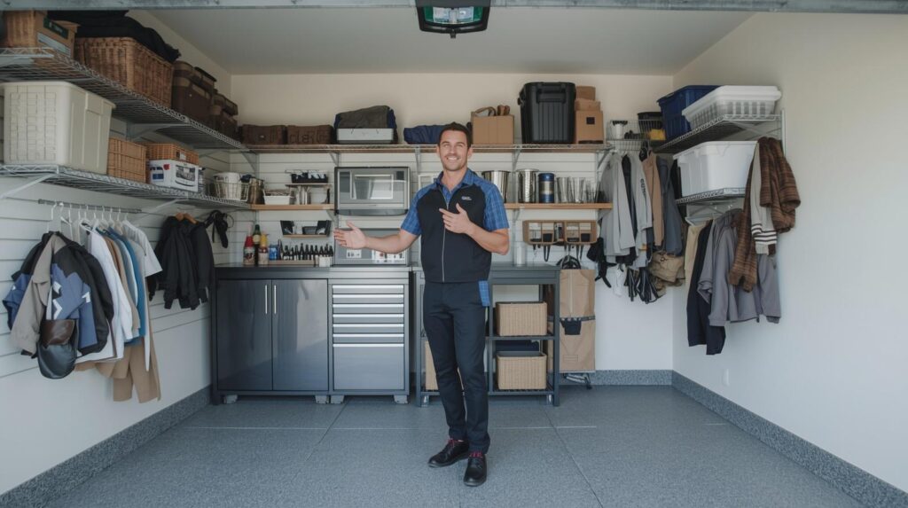 Professional demonstrating how to organize and maximize garage storage space technique