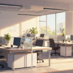 A modern open-plan office with collaborative workstations, glass partitions, and natural light.