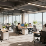 A modern open-plan office with collaborative workstations, glass partitions, and natural light. (1)