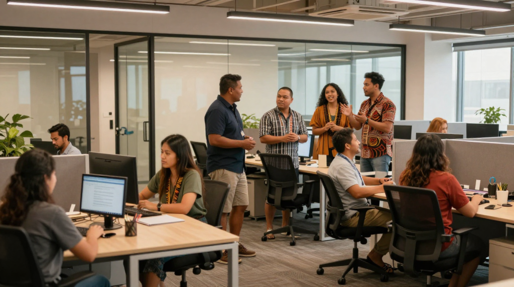 A modern open-plan office with collaborative workstations, glass partitions, and natural light.