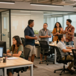 A modern open-plan office with collaborative workstations, glass partitions, and natural light. (2)