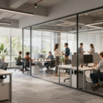 A modern open-plan office with collaborative workstations, glass partitions, and natural light. (3)