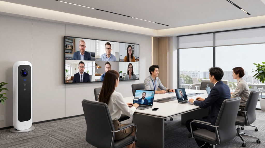 A smart conference room with integrated video conferencing technology and wireless charging stations.