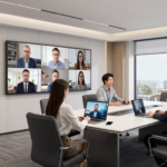 A smart conference room with integrated video conferencing technology and wireless charging stations.