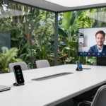 A smart conference room with integrated video conferencing technology and wireless charging stations. (1)