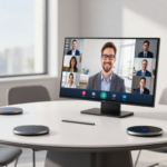 A smart conference room with integrated video conferencing technology and wireless charging stations. (2)