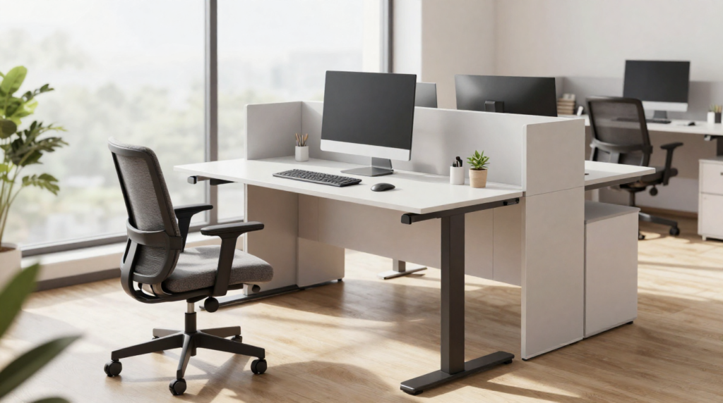 An ergonomic office workstation with adjustable desks, supportive chairs, and modular storage units.