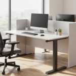 An ergonomic office workstation with adjustable desks, supportive chairs, and modular storage units.