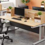 An ergonomic office workstation with adjustable desks, supportive chairs, and modular storage units. (1)