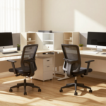 An ergonomic office workstation with adjustable desks, supportive chairs, and modular storage units. (2)