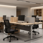An ergonomic office workstation with adjustable desks, supportive chairs, and modular storage units. (3)