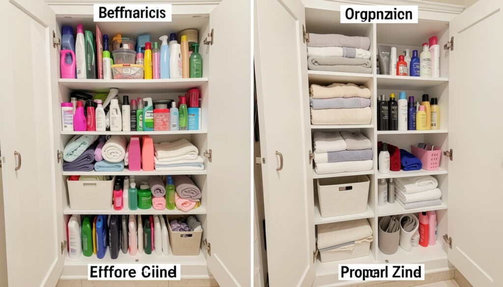 A before-and-after style photo showing an overstuffed bathroom cabinet next to a neatly zoned, properly organized version.