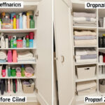 A before-and-after style photo showing an overstuffed bathroom cabinet next to a neatly zoned, properly organized version.