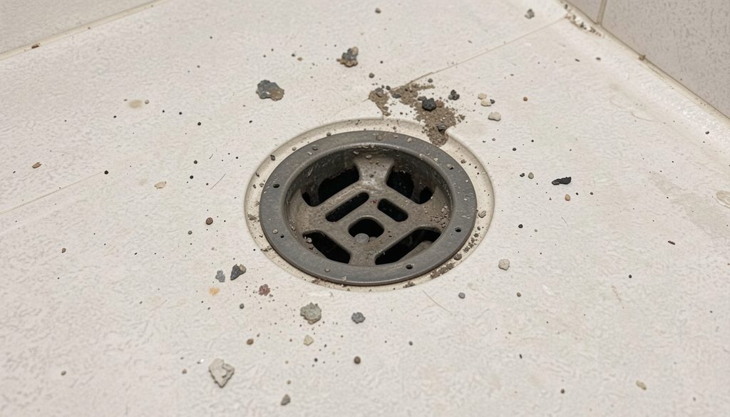 A corroded metal shower drain cover being removed for inspection.