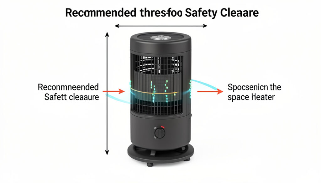 A diagram showing the recommended three-foot safety clearance around a space heater