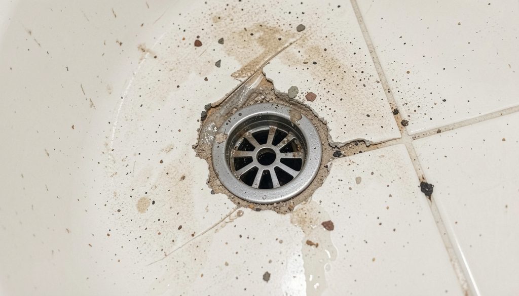 A flashlight shining down an open shower drain cover during a homeowner inspection.