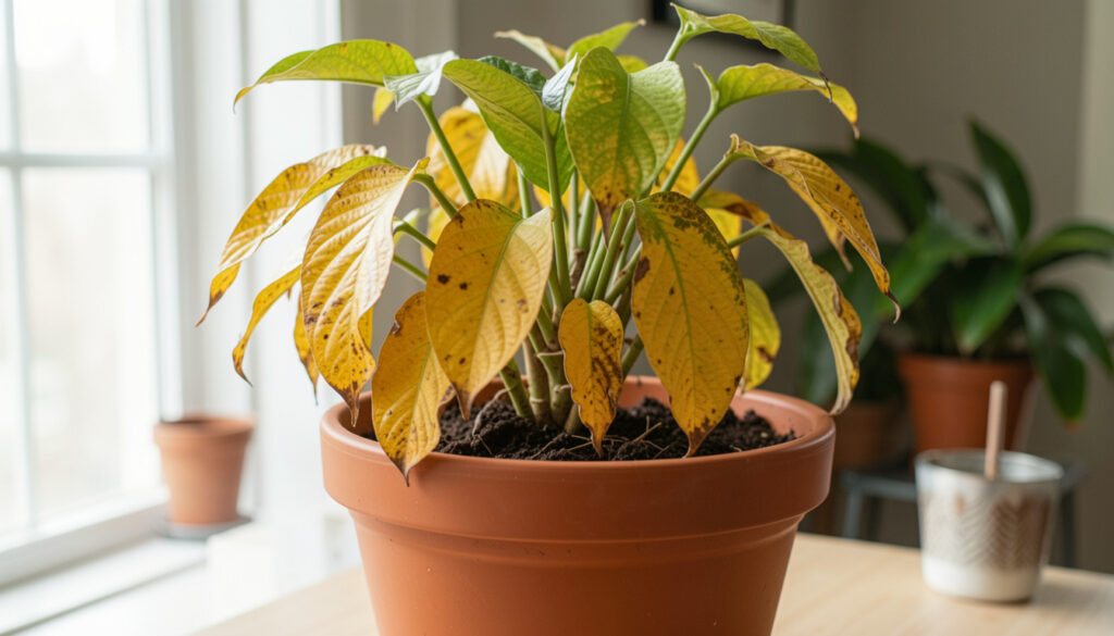 A houseplant showing yellowing leaves after being repotted into a pot that is too large