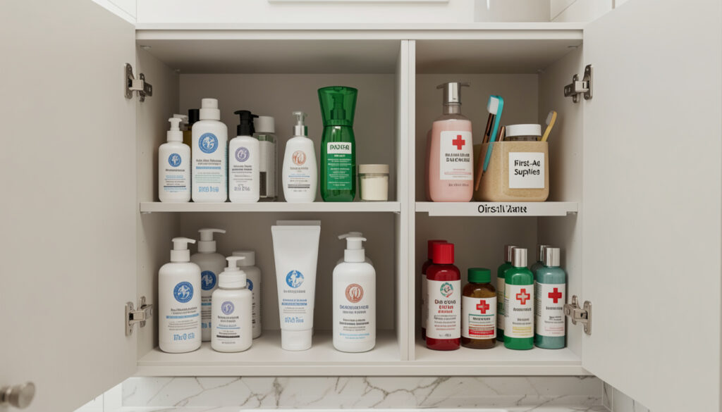 A neatly categorized bathroom cabinet with separate labeled sections for skincare, oral care, and first-aid supplies.