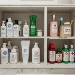 A neatly categorized bathroom cabinet with separate labeled sections for skincare, oral care, and first-aid supplies.