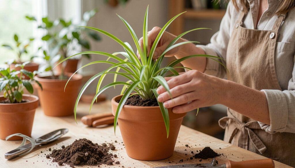 A person gently repotting a pet-safe houseplant like a spider plant into a fresh terracotta pot