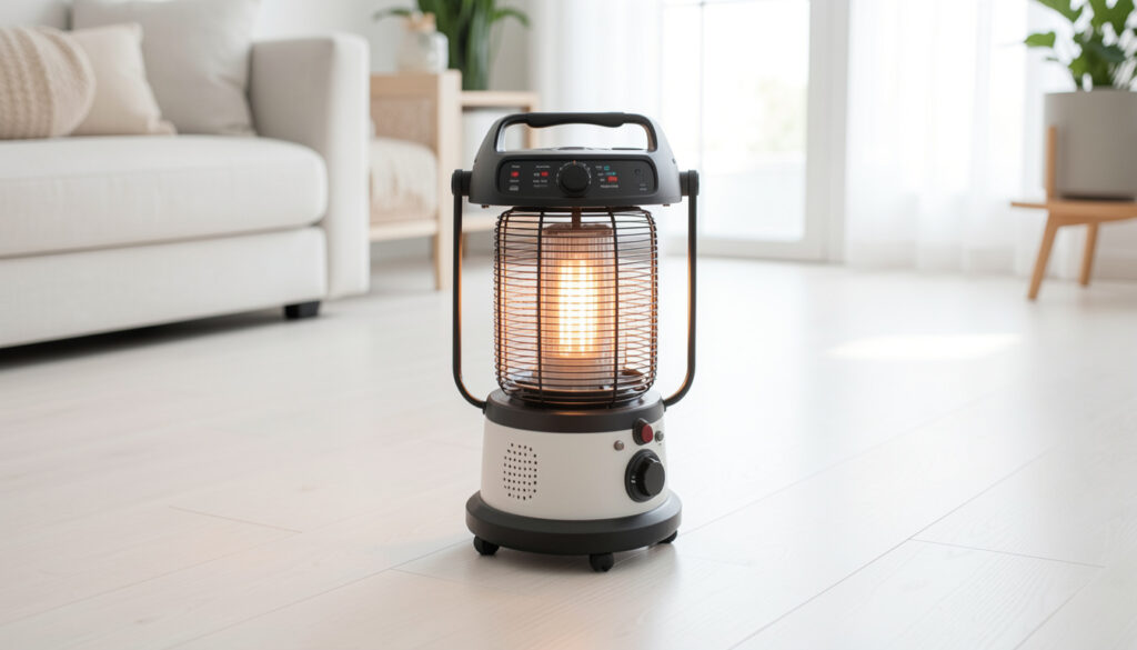 A portable space heater placed safely on a clear floor away from furniture