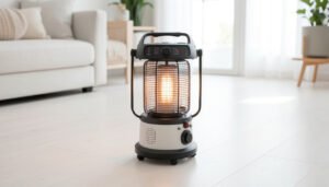 A portable space heater placed safely on a clear floor away from furniture