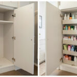 An open bathroom cabinet door showing unused vertical space, paired with an example of a door organizer filling that same space.