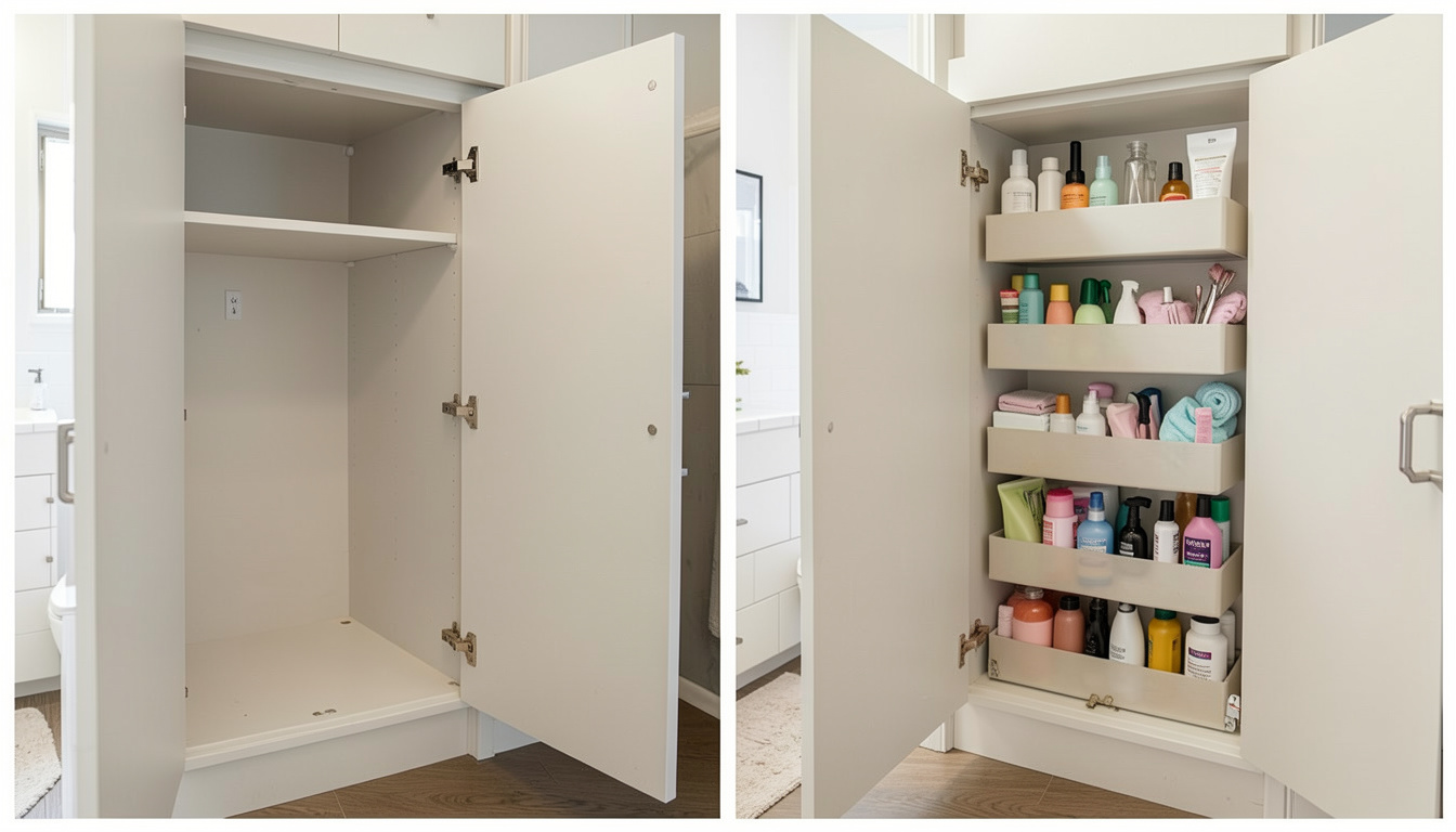 An open bathroom cabinet door showing unused vertical space, paired with an example of a door organizer filling that same space.