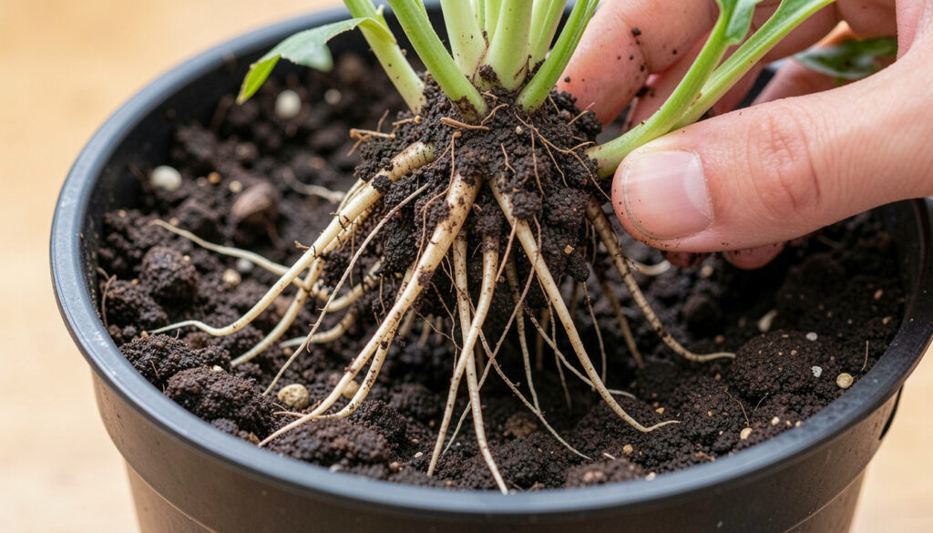 Close-up of healthy plant roots being loosened by hand before repotting